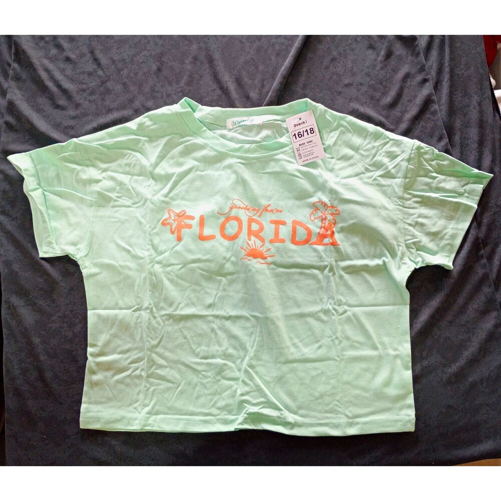 Dvenki Florida Graphic Tee Green Cotton Crew Neck Crop 16/18